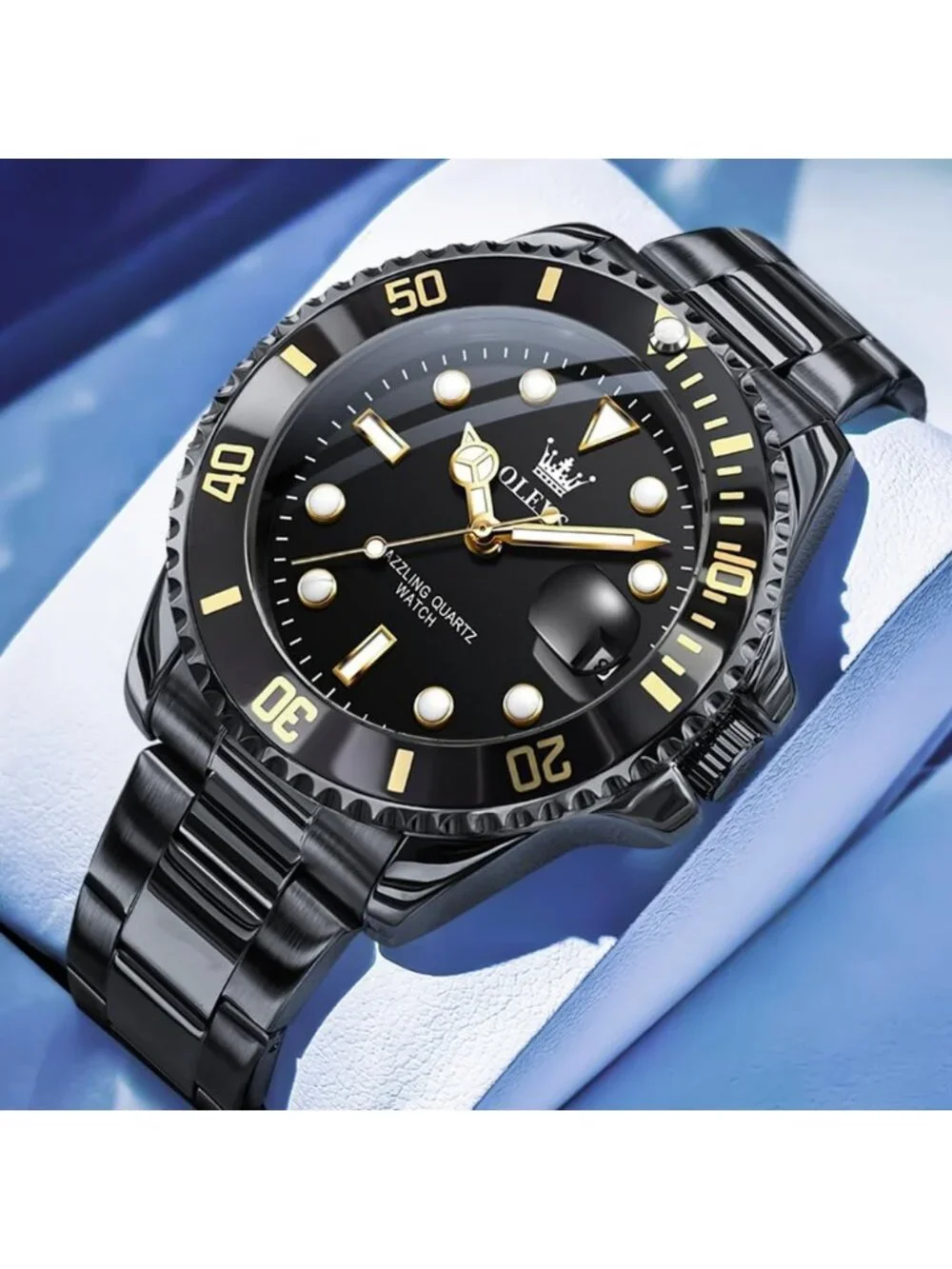 Men's Black Luxury Stainless Steel Waterproof Quartz Big Face Fashion Wristwatch